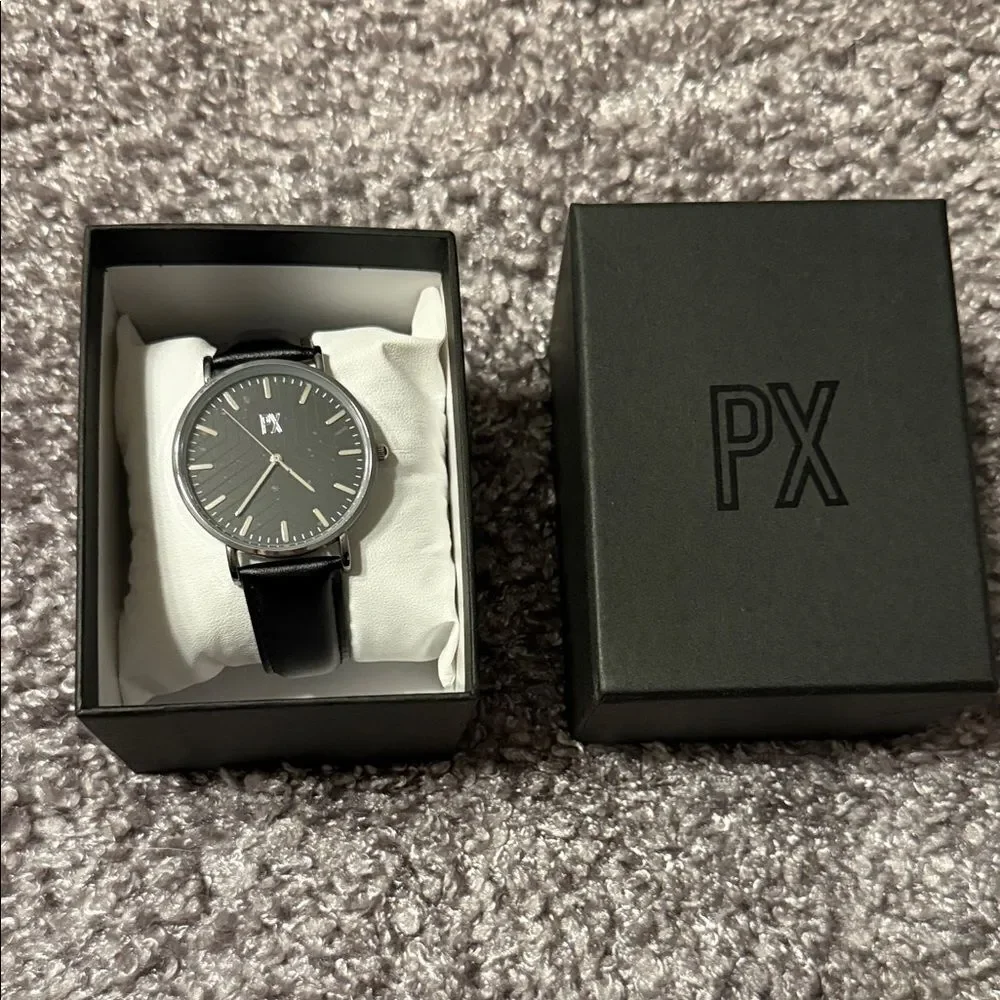 PX Black Leather Strap Watch